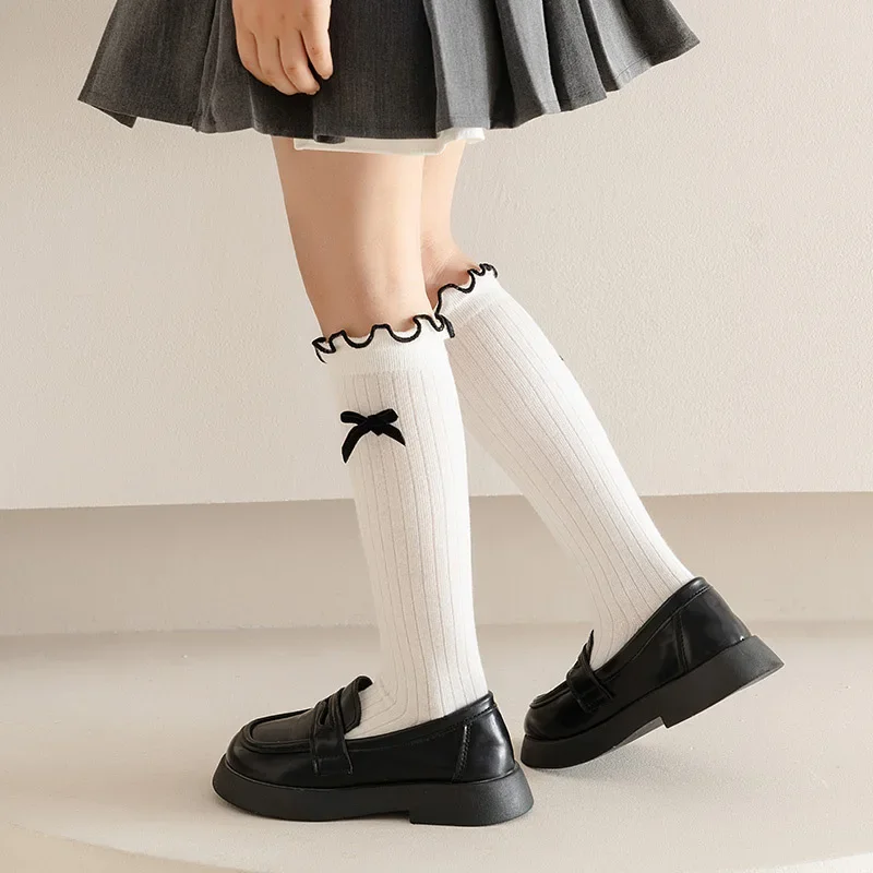 1 Pair Chic Simplicity Kids Girl Sock Sweet Fashion Bow Ruffle Bow Children Girl Calf Sock Spring Autumn Cotton School Sock 2