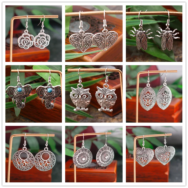 Aihua Vintage böhmischen tibetischen Silber Ohrringe für Frauen ethnischen Metall geschnitzte Herz Blume Eule Elefant Ohrringe Boho Schmuck