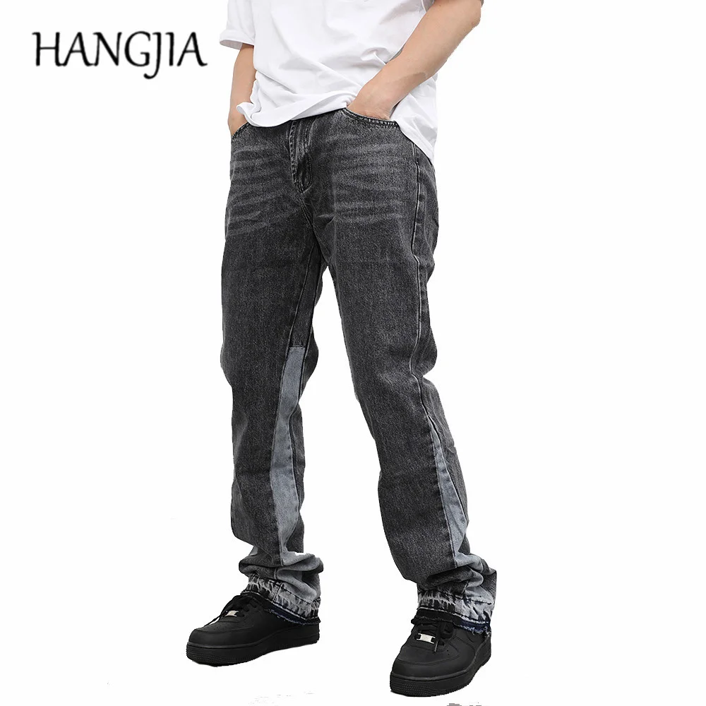 

Vintage Patchwork Flare Jeans Urban Men Streetwear Wide Leg Denim Pant Hip Hop Black Colorblock Slim Fit Denim Jeans for Men