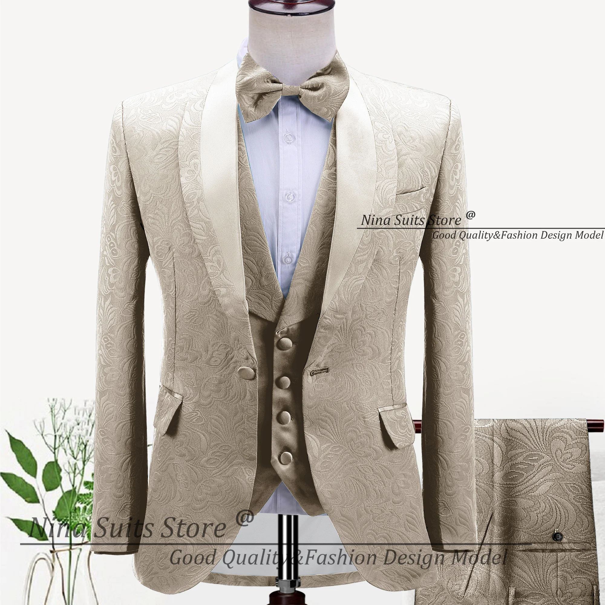 Gwenhwyfar Mens Wedding Suits Made Champagne Paisley Pattern Tuxedo Jacket 3 Piece Groom Suits Shiny Splicing Lapel