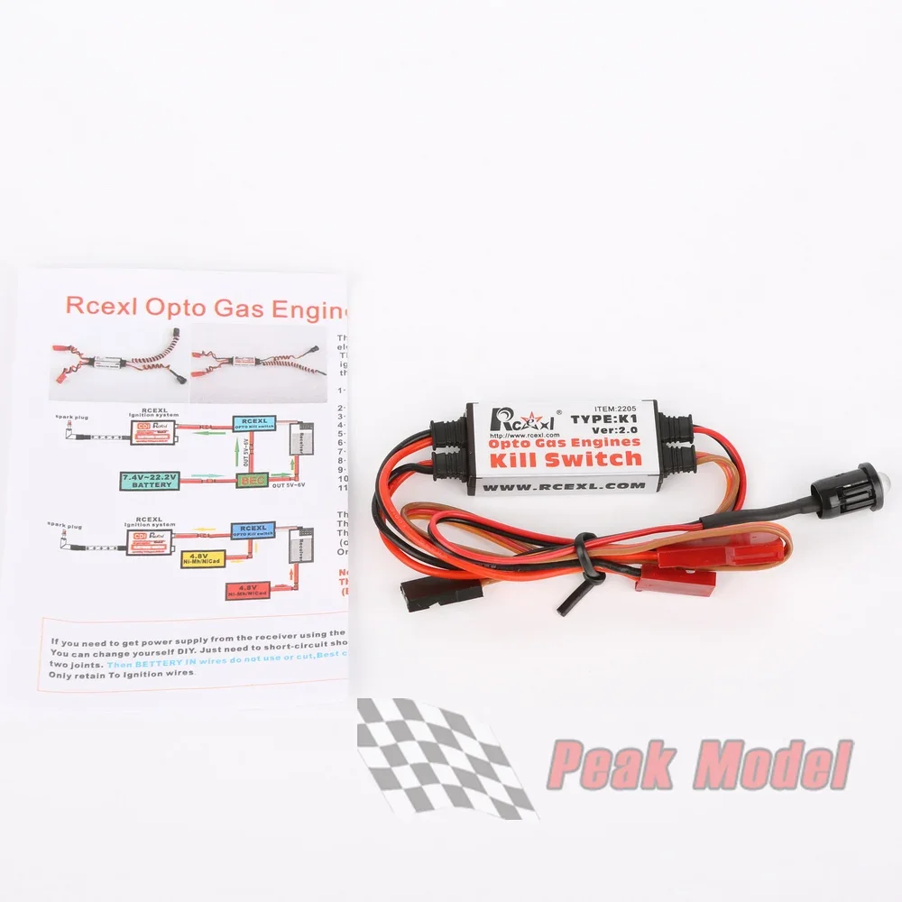 Interrupteur Rcexl Opto V2.0 connecté à un récepteur RC, prêt pour installation sur avion.
