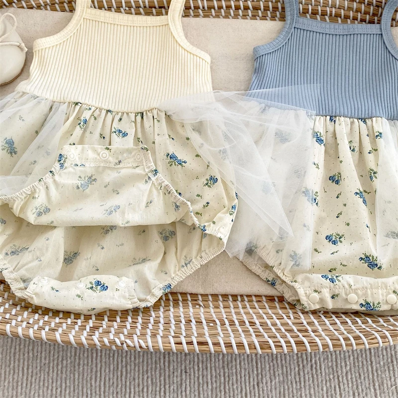 용 꽃무늬 민소매 얇은 명주 그물 바디 수트 + 귀여운 반팔 코트 세트,  여아 여름 패션, 0-18 개월, 2 개