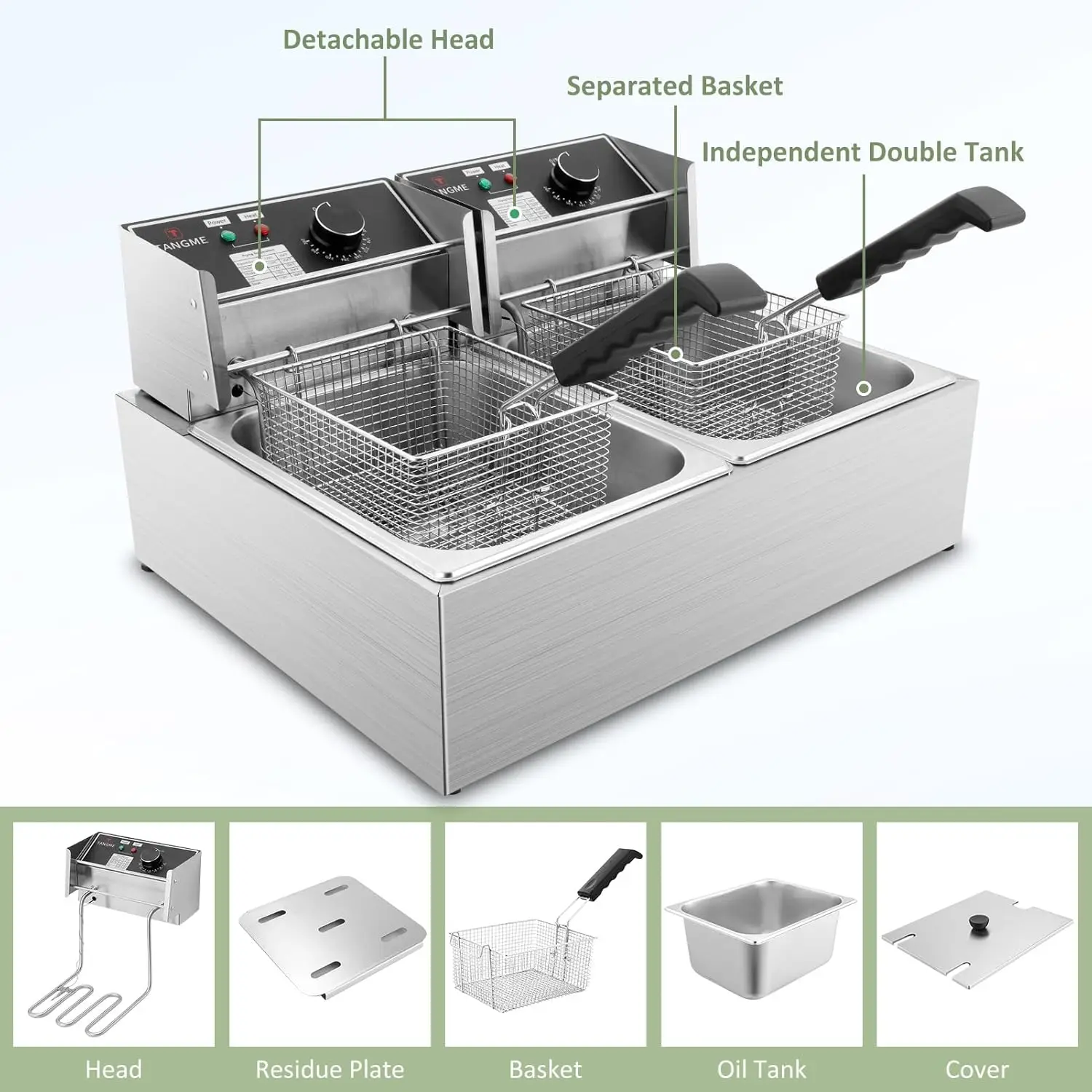 Deep Fryer 3400W Electric Deep Fryers with 2x6.35QT Baskets 0.8mm Thickened Stainless Steel Countertop Oil Fryer 20.7QT