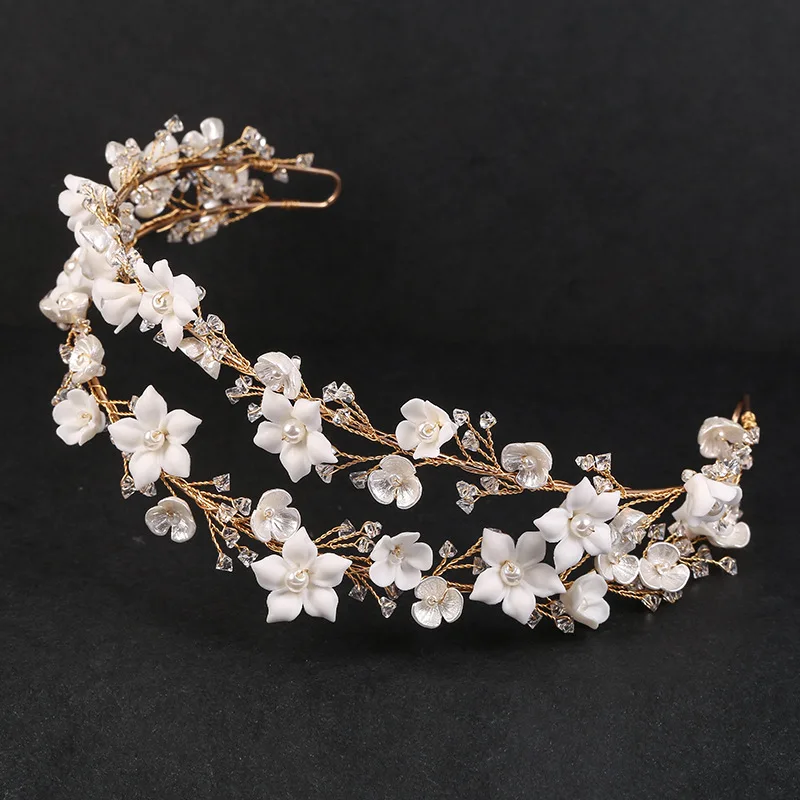 Gold Color Double-layer Crystal Bridal Headwear, Hair Jewelry Ceramic Flower Pearl Crown For Women Wedding Hair Accessories