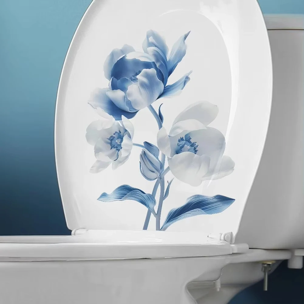 Easy to Peel Toilet Sticker Blue Flower Toilet Sticker Waterproof Pvc Wall Art Decal for Bathroom Room Removable Self-adhes F18