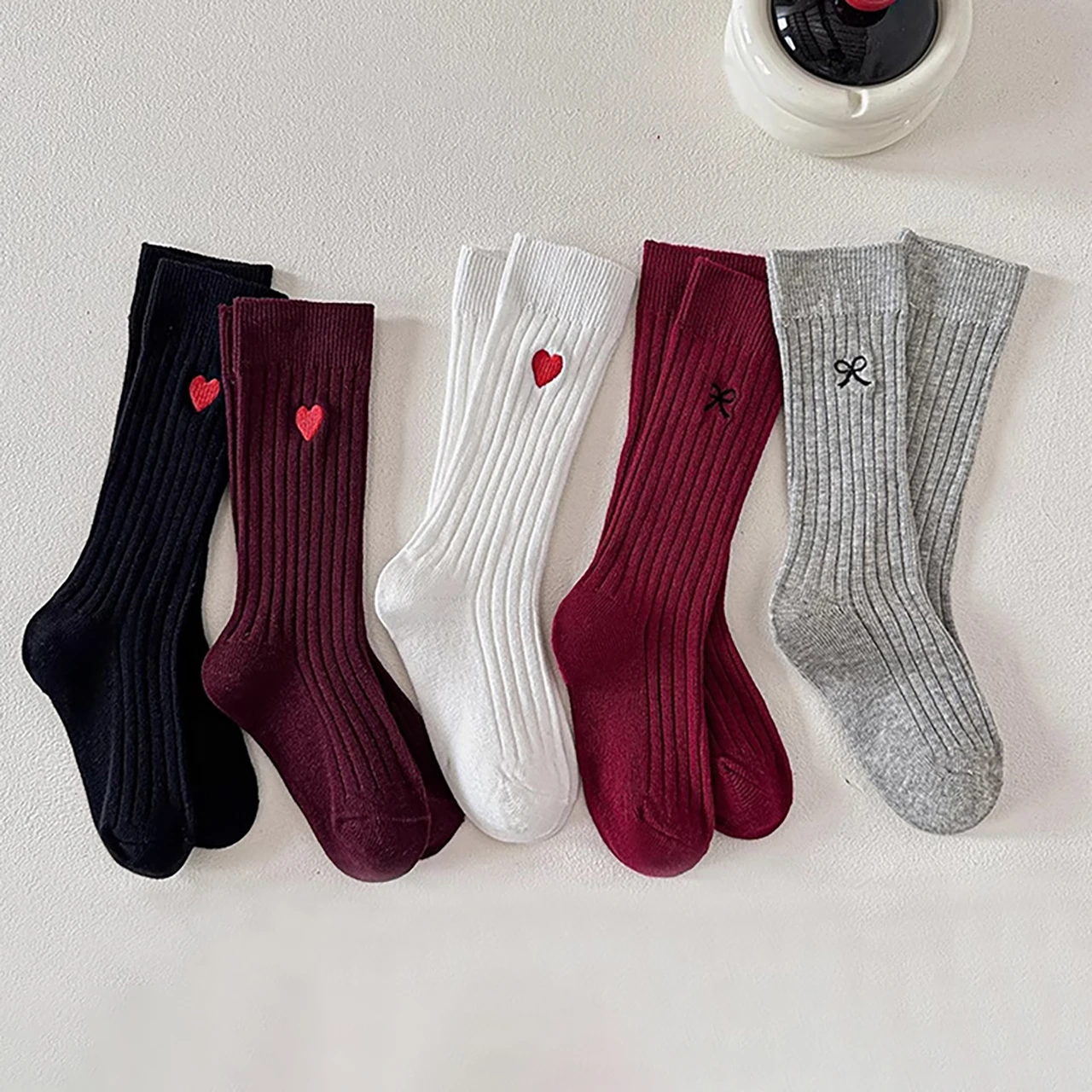 %E3%80%90Seasonal%20Sale%E3%80%91%205%20Pairs%20Kids%20Socks%20Solid%20Color%20Heart%20Pattern%20Middle%20Socks%20For%20Girls%20Children%20Cotton%20Stripe%20Calf%20Socks%202-8%20Years%20-%20Image%204