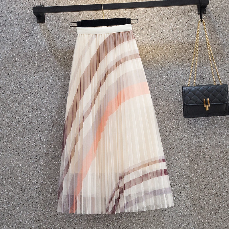 EHQAXIN Spring Summer New Womens Skirts 2022 Loose Sweet Colorblock Pleated Mid-Length Mesh Elegant Fairy Skirt For Ladies M-4XL