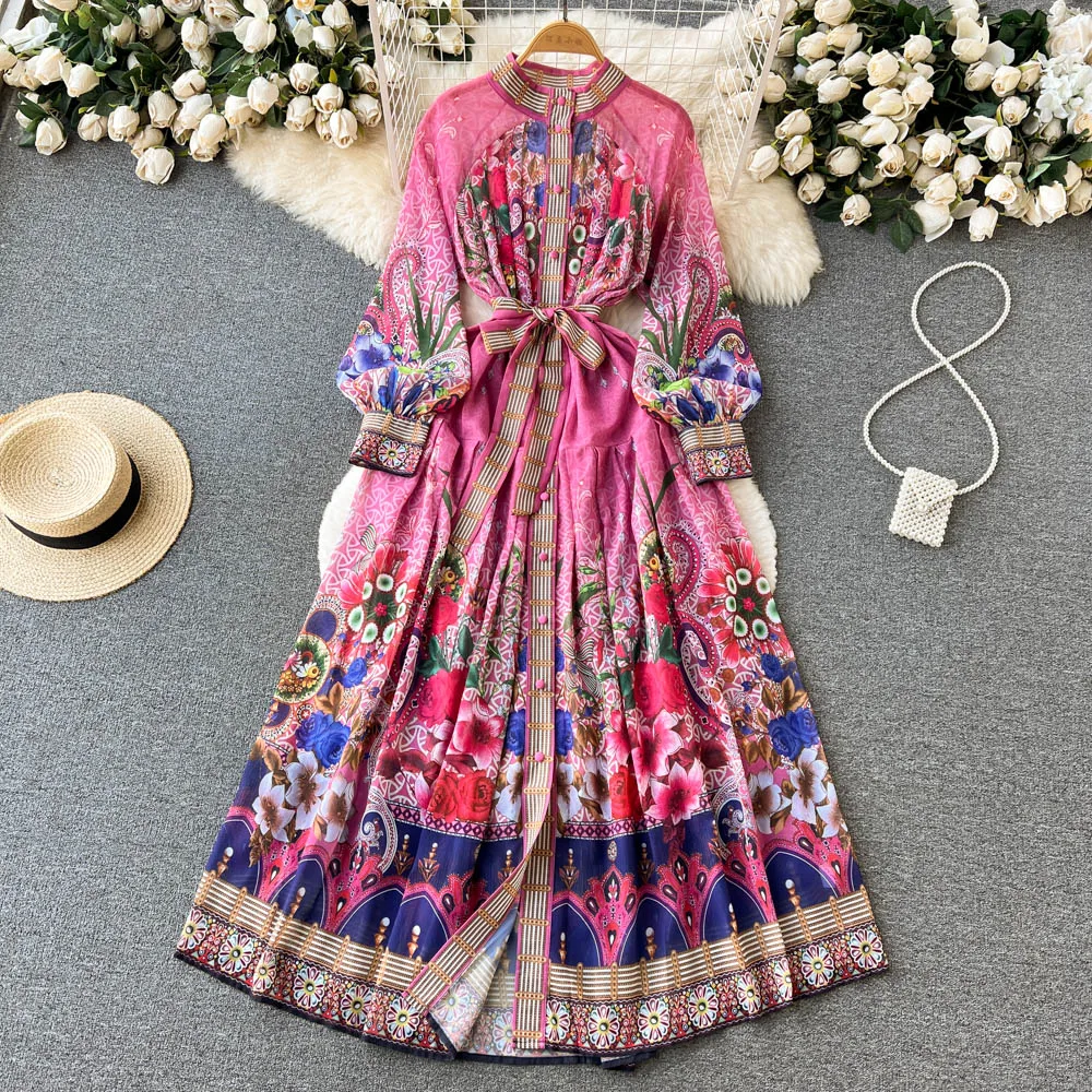 

Long Dresses For Women 2023 Party Elegant Vintage Floral Print Chiffon Maxi Dress Button Up Long Sleeve Shirt Dress With Belt