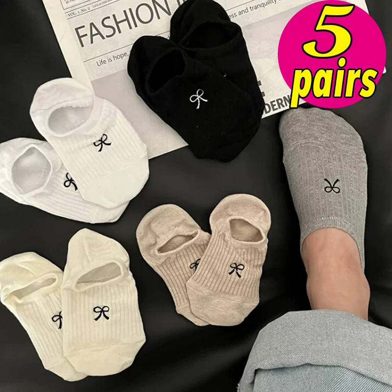 

Women Sock Slippers Summer Simple Solid Color Bow Embroidery Invisible Socks For Woman Thin Anti-slip Silicone No Show Socks