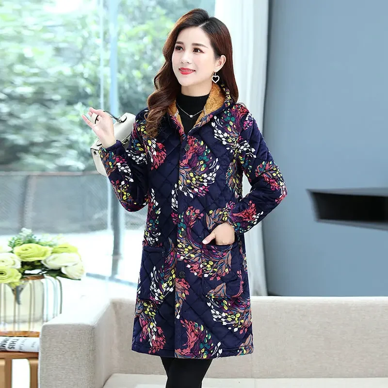 Winter Women's Clothing Mid-length Cotton Coat Korean Fashion Fleece Thickened Cotton Clothing Plus Size Printing Keep Warm