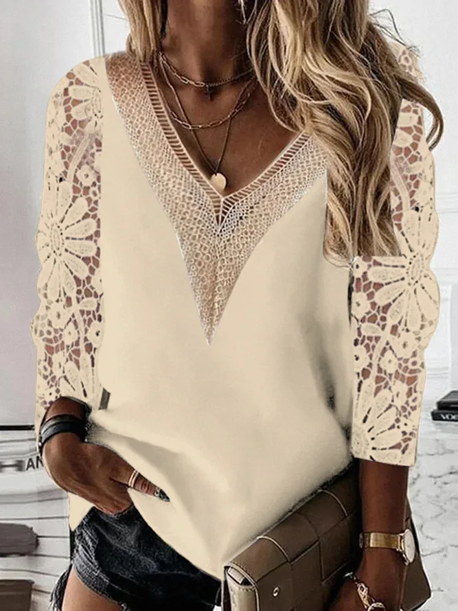 White Sexy Lace Hollow Women Top 2023 Spring V Neck Stitching T-shirt Blouse Nine Points Sleeve Mesh Design Tops Femme Blusas
