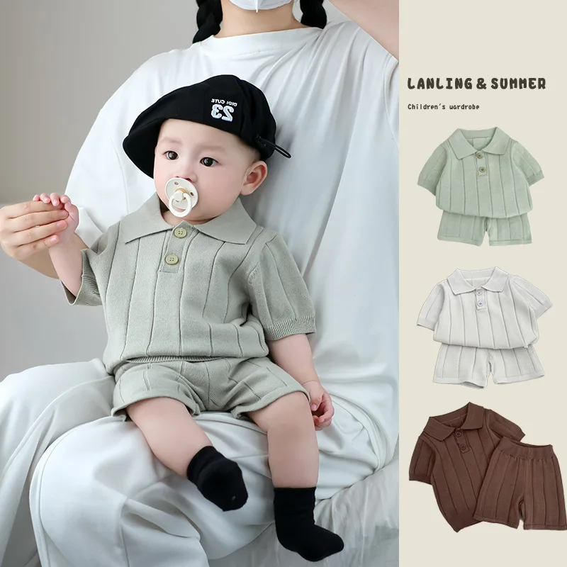 Male Baby Summer Set Baby Korean Style Knitted Thin Short Sleeved Shorts Two-piece Set for One Year Old Children's Clothing