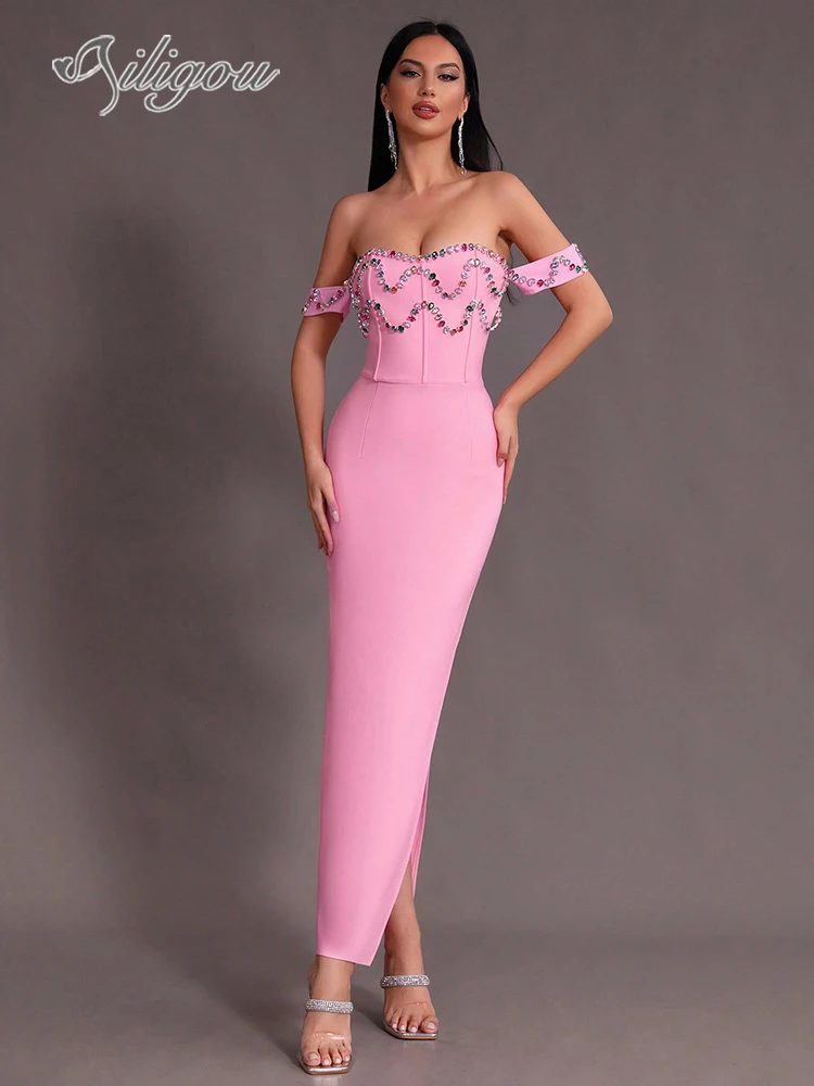

Ailigou 2024 New Women's Sexy Pink Split Off Shoulder Diamond Long Bandage Ball Dress Elegant Celebrity Party Evening Dress
