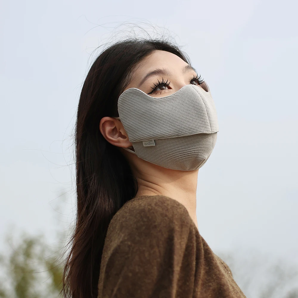 OhSunny Winter Warm Face Cover New Solid Color Waffle Pattern 3D Design Mouth Open Masks Windproof Anti-UV UPF50+