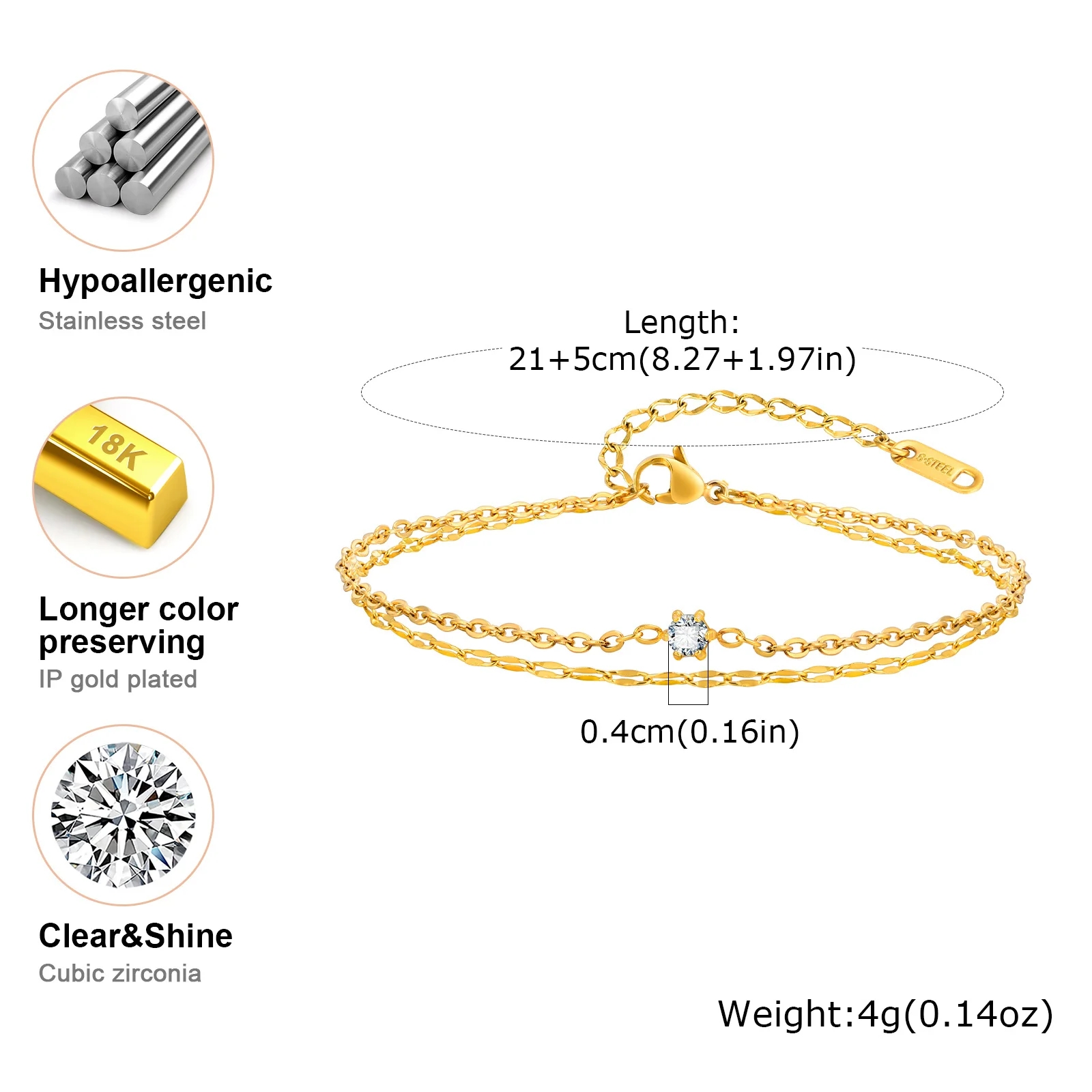 Ankle Chains Silver Anklet Bracelet Cubic Zirconia Waterproof Adjustable Gold Plated Stainless Steel Link Foot Chain Jewelry For Women