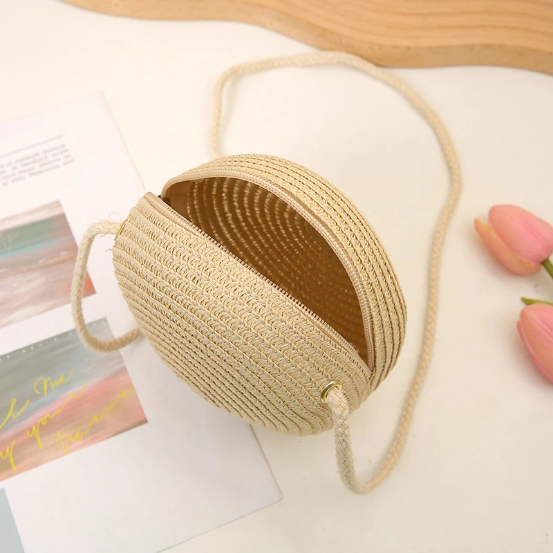 Round Straw Crossbody Shoulder Bag Women Woven Beach Bag for Ladies Rattan Handmade Knitted Candy Color Small Handbag Bolsa