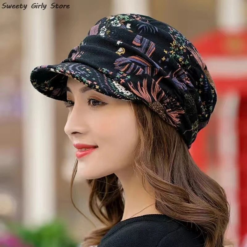 Women Slouchy Skullies Caps Ethnic Style Berets Hat Comfortable Spring Bonnet Cap New Warm Turban Short Brim Beanies Hats 2025 beret hat