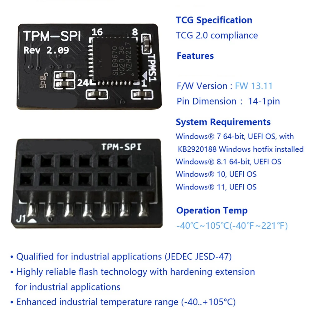 TPM-SPI 2.0 Módulo de Segurança para ASROCK, ASRock Pack, SPI Motherboard, 14-1 PIN