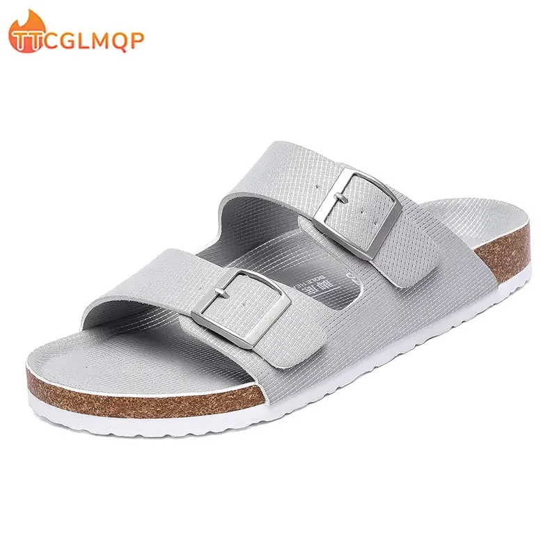 New Summer Cork Sandals Men's Flock Faux Suede Mule Clogs Slippers Brown Classic Buckle Cork Slides Slippers For Men Slippers