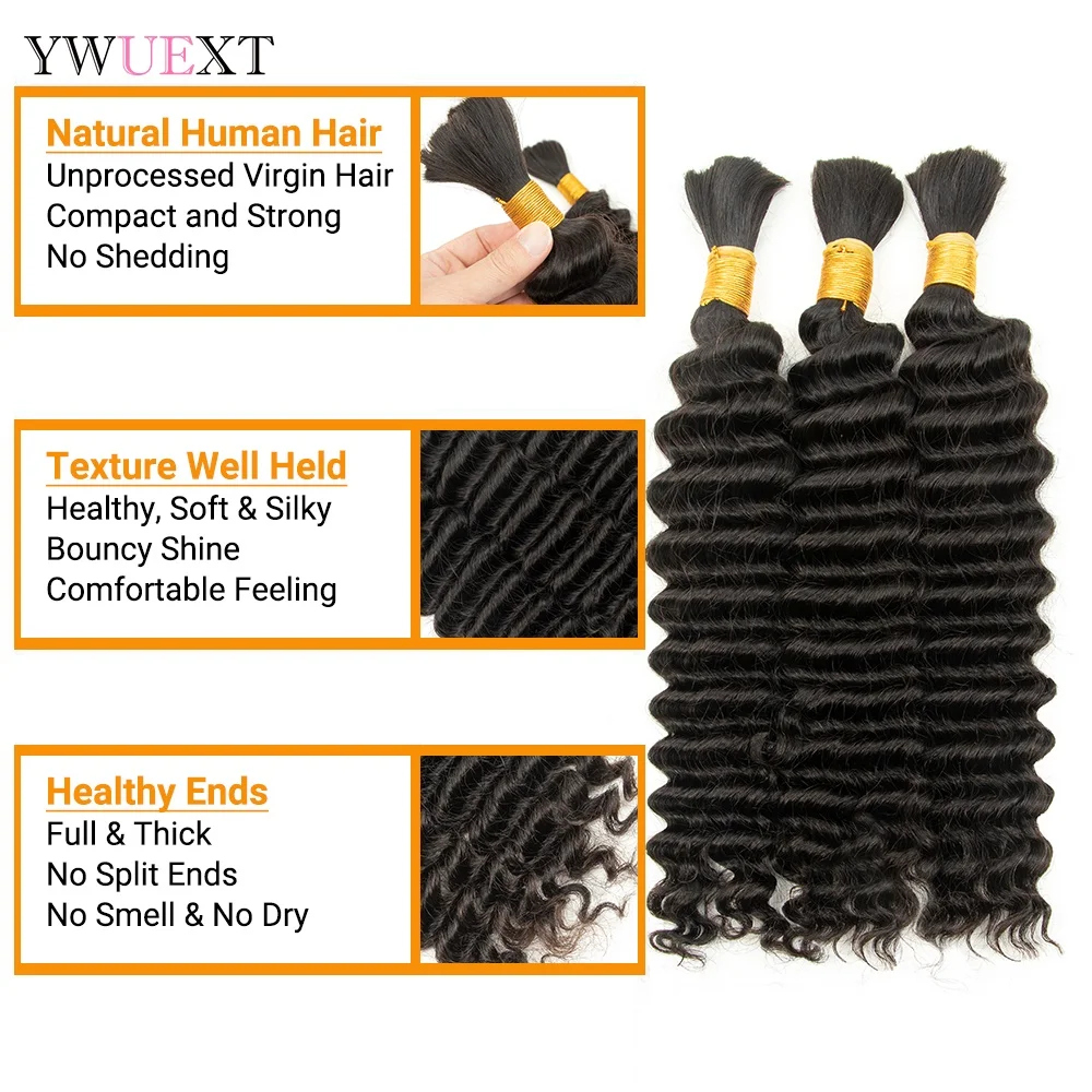 Bulk Human Hair No Weft For Braiding Deep Wave Hair Bundles 14"-26" Natural Black Color Virgin Human For Braids 50g