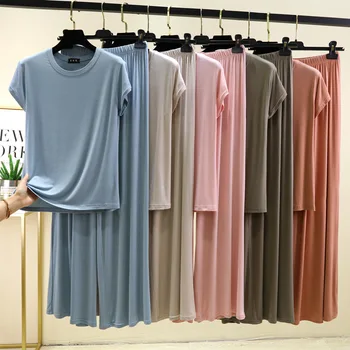 Plus size M to 6XL Short Sleeve Tshirts and Wide leg pants Solid color Summer Modal Pajamas sets Casual homewear 2pcs suit