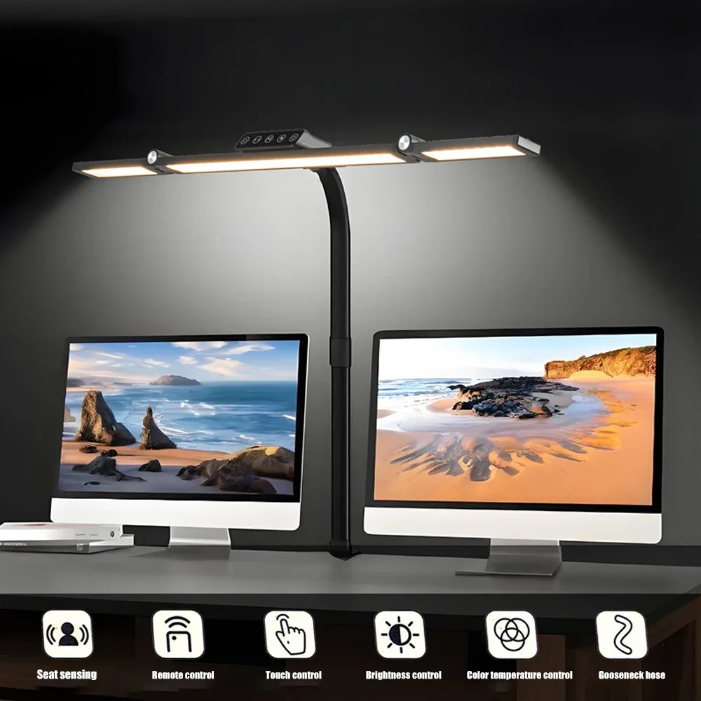 Desk Lamp LED Double Head Stepless Dimming Eye-Caring 3 Color Mode Flexible Adjustable PC Office Table Lamp