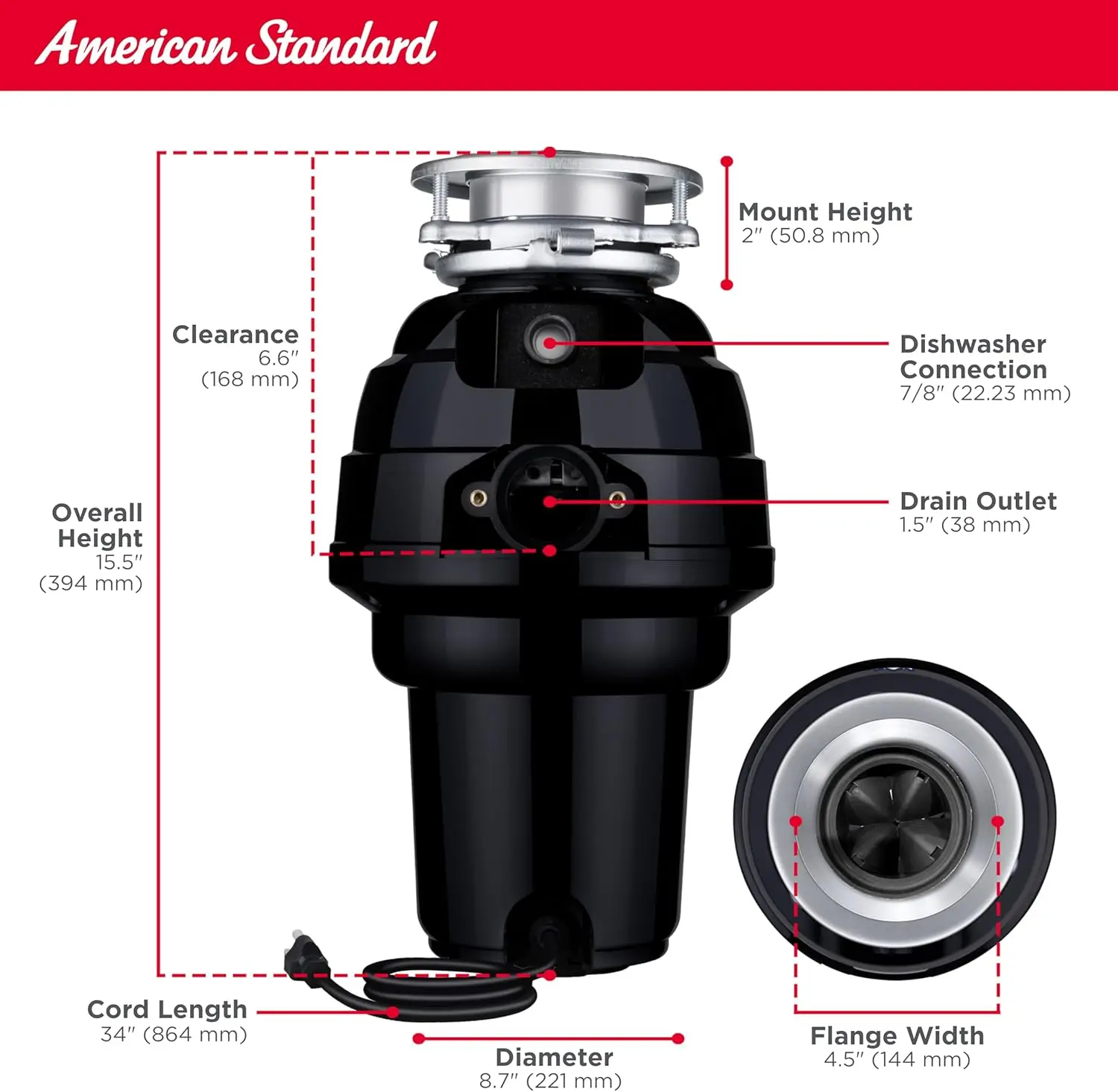 Standard 10-US-AS-12 Garbage Disposer, 1.25 HP, Disposal with Power Cord 5