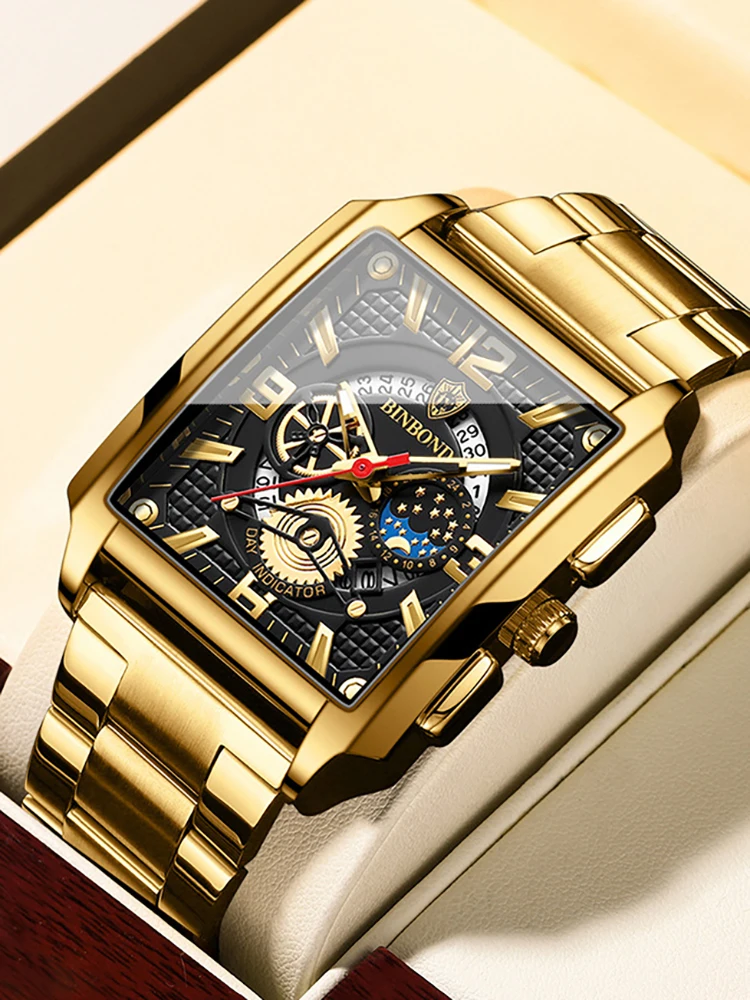 Men's retro popular square calendar waterproof luminous multi-functional sports gold watch