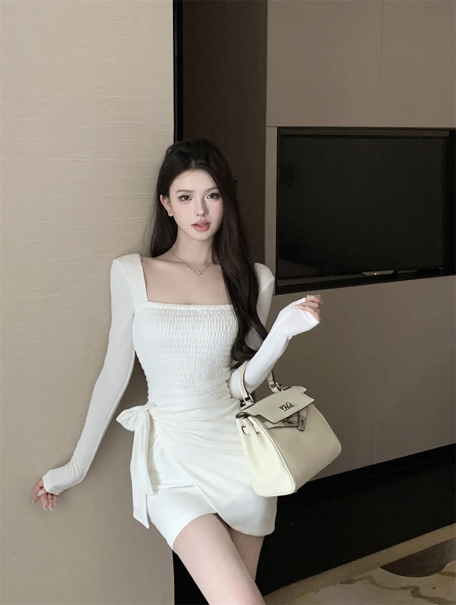 

2024 Spring Women Bandage Short Dress Irregular Square Neck Slim Fit Long Sleeve Dresses for Women
