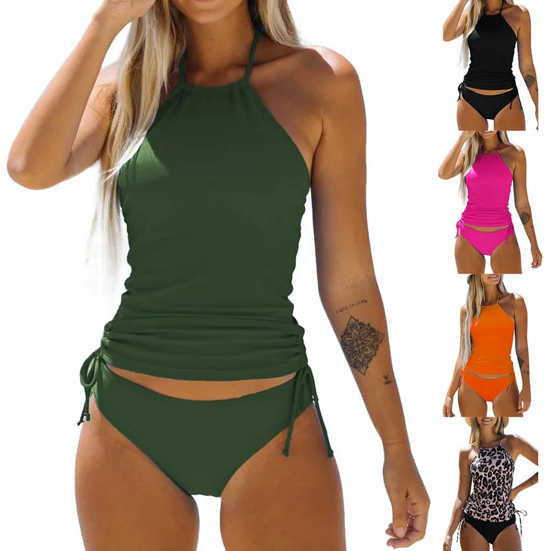 Bikini Set Bikini Swimsuit Women Swimwear Charming Women Bikini Set Neck Hanger Sleeveless Backless Crop Tops Solid Color Panties for Summer Women Clothing