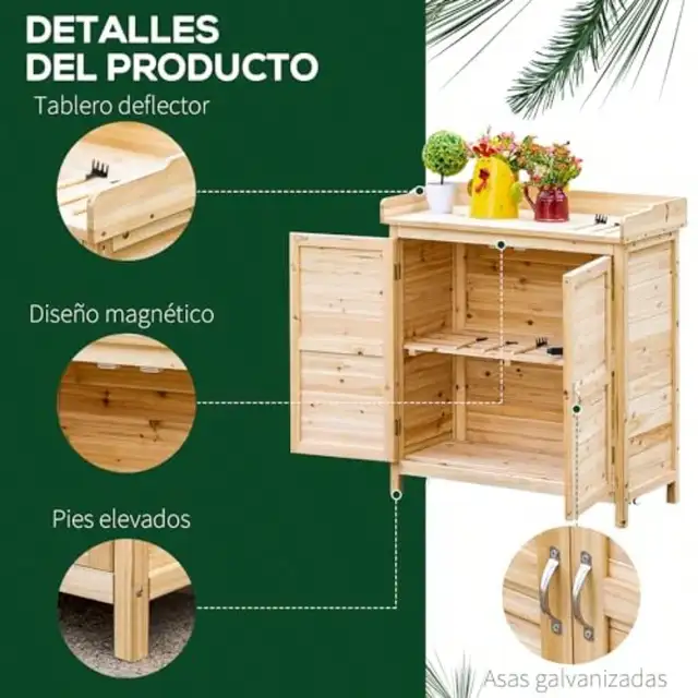 Abri d'armoire de jardin en bois, hangar de rangement extérieur avec étagère à 2 portes et pieds surélevés pour terrasse et Patio 5