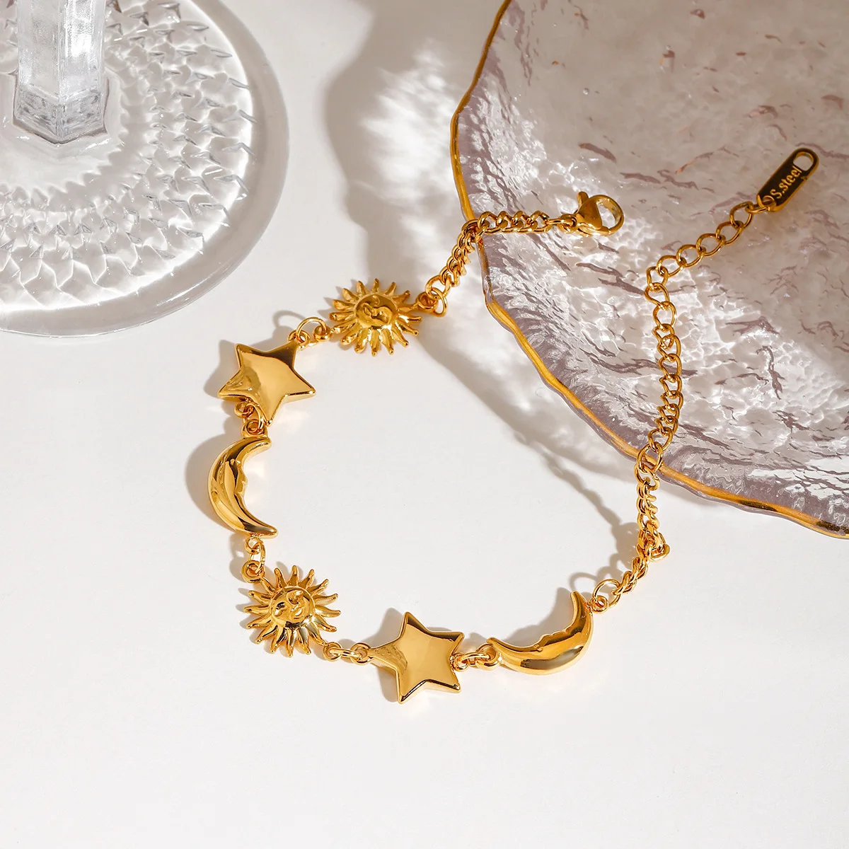 Stainless Steel Retro New Tiny Cute Star Moon Sun Bracelet for Women Girls Gold Color Adjustable Chain Link Bangle Trend Jewelry