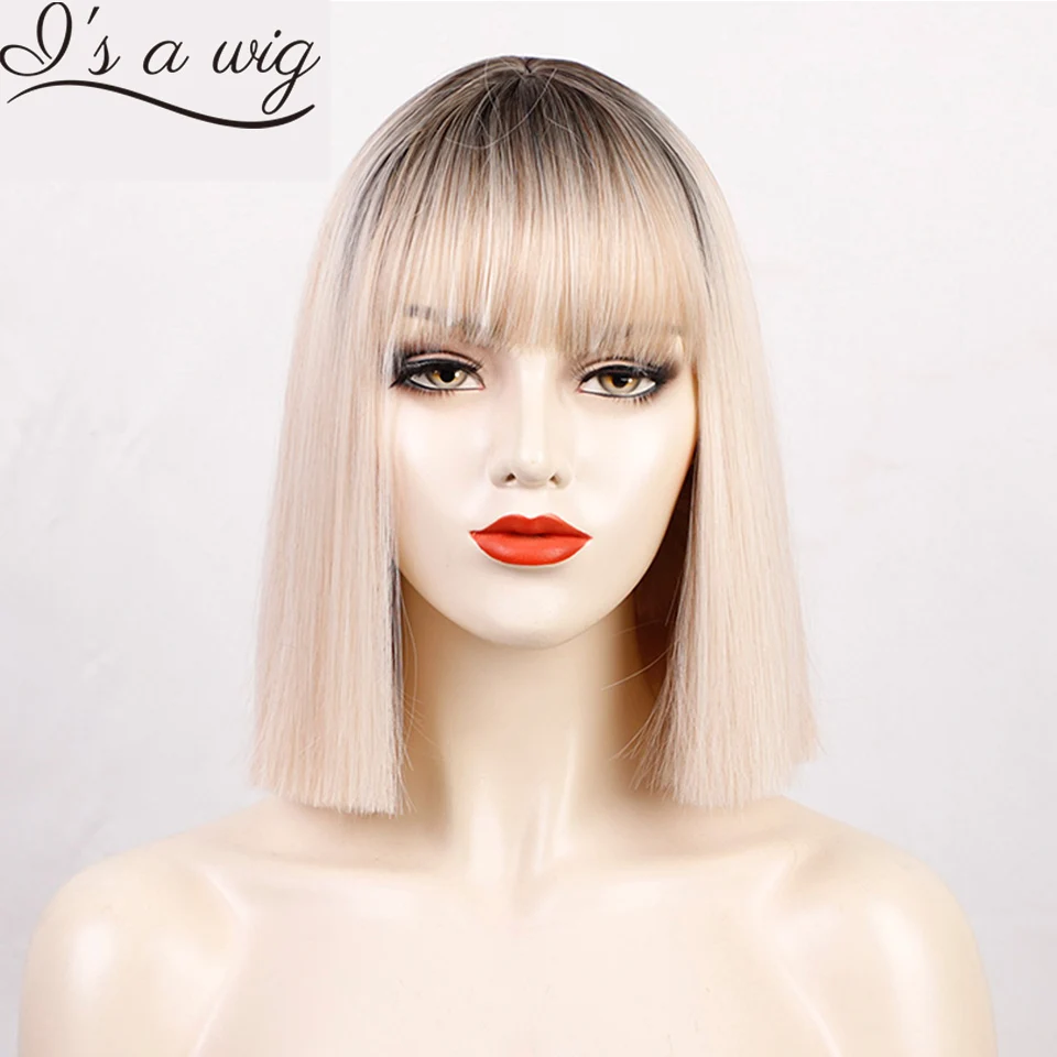 It's a Wig Short Straight Wigs for Women Synthetic Ombre Bob Wigs with Bangs Heat Resistant with Daily Party Use