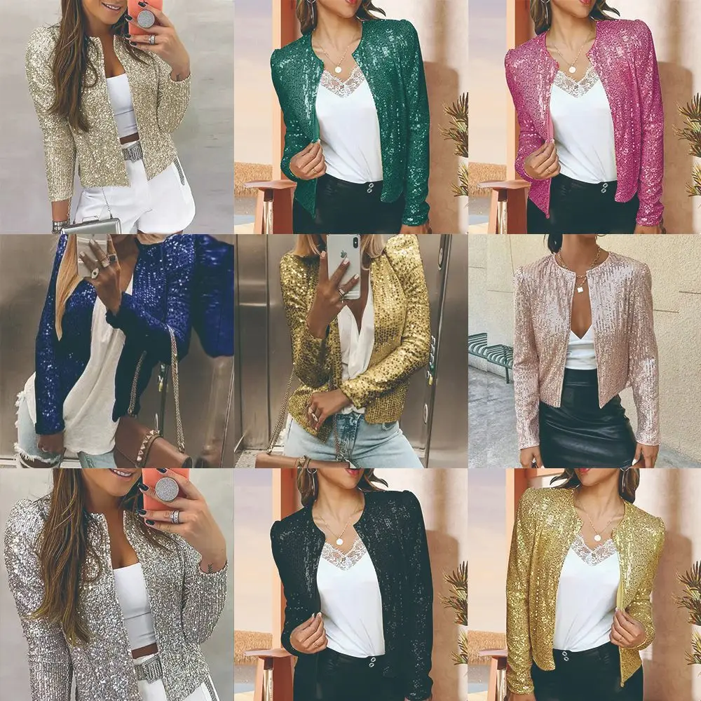 

European And American Fashion Women's Standing Collar Sequins, Casual And Versatile Solid Color Small Coat, New In Autumn 2023