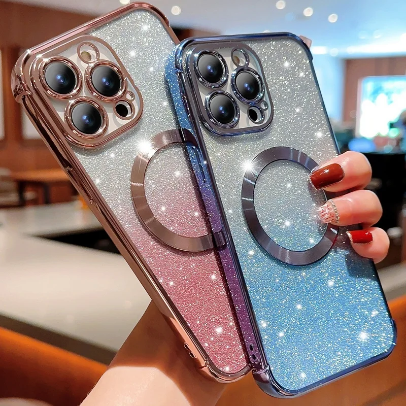 

Magsafe Plating Gradient Glitter Clear Case For iPhone 14 Pro Max 11 12 13 14 Plus Soft Silicone Magnetic Wireless Charge Cover