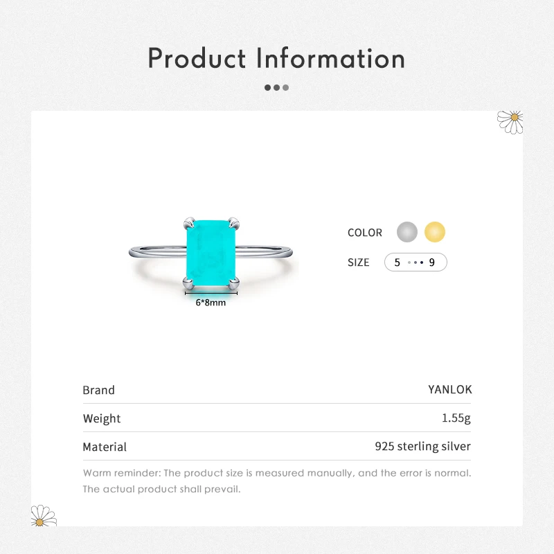 Silver Ring Gemstone Ring YANLOK Luxury Paraiba Tourmaline Ring 925 Sterling Silver Radiant Cut Finger Rings For Women Sterling Silver Fine Jewelry