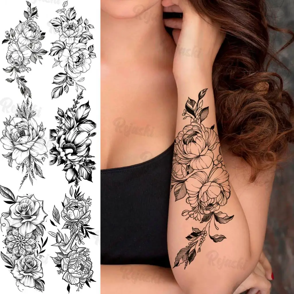 Black Lotus Temporary Tattoos For Women Adults Realistic Rose Flower Mandala Anchor Fake Tattoo Sticker Arm Body Tatoos Line Art