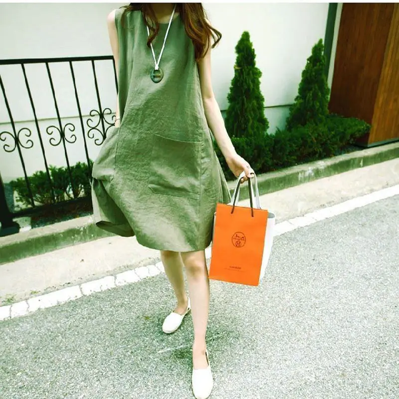 Modna sukienka bez rękawów z okrągłym dekoltem i kieszeniami, damska odzież, nowa luźna koreańska sukienka w jednolitym kolorze na lato 2025