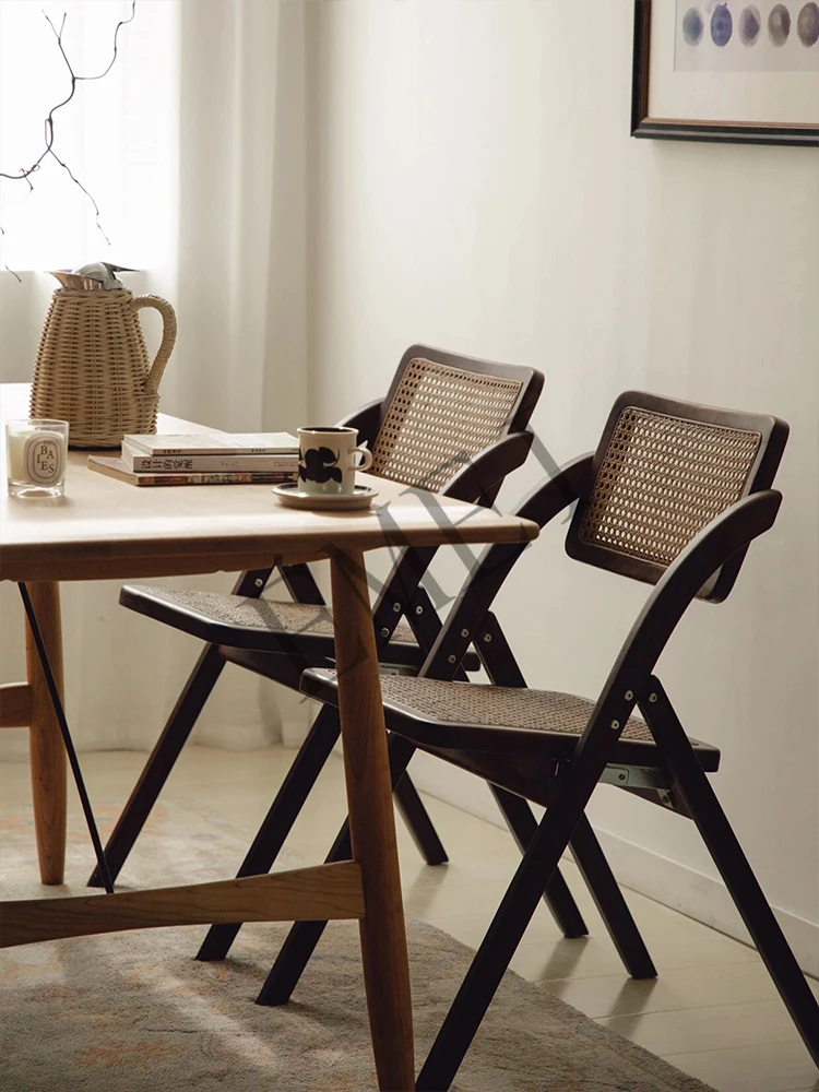 Retro Style Dining Chair Foldable French Rattan Chair Bar Ghost Solid Wood Furniture