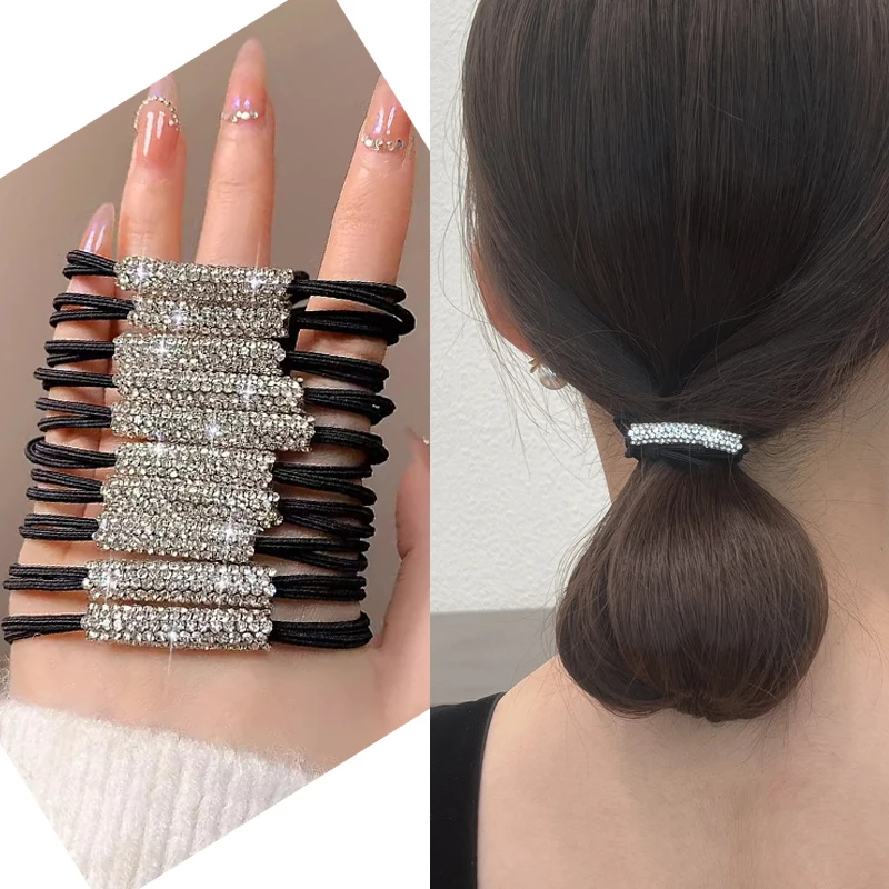 5/10pcs Women Shiny Rhinestone Hair Rings Ties Ponytail Hair for Girls Headwear Black Rubber Bands Hair Accessories For Girls black white cardboard gift boxes pendant bracelet necklace box rings earrings jewelry packing box for valentine s day christmas