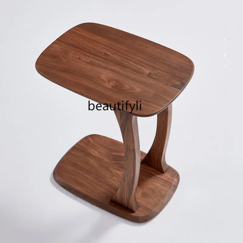 

Solid Wood C Shape Side Table Black Walnut Wooden Sofa Side Table Nordic Simple Small Coffee Table Mobile Corner Table
