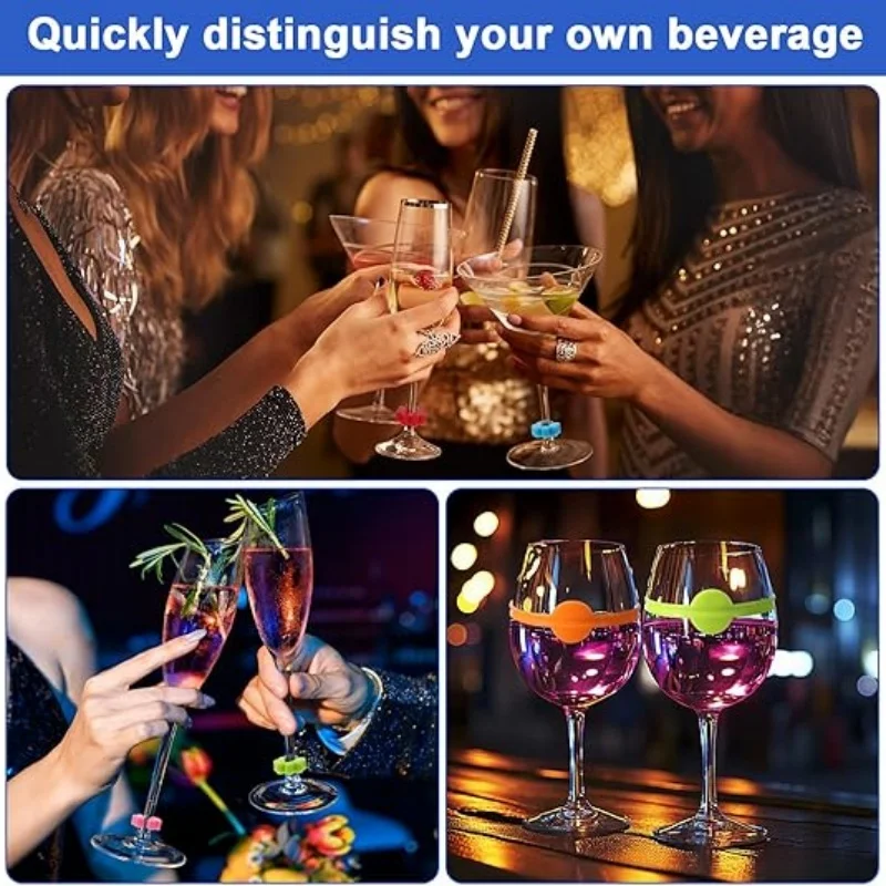 Wine Glass Charms Reusable Silicone Drink Marker Bands Bottle Strip Tag Glass Identifiers for Party Cocktail Champagne