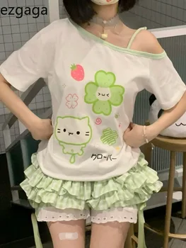 Ezgaga Harajuku T Shirts Women Cartoon Sweet Diagonal Collar Short Sleeve Off Shoulder Funny Tops Female Y2k Ladies Tshirts 1