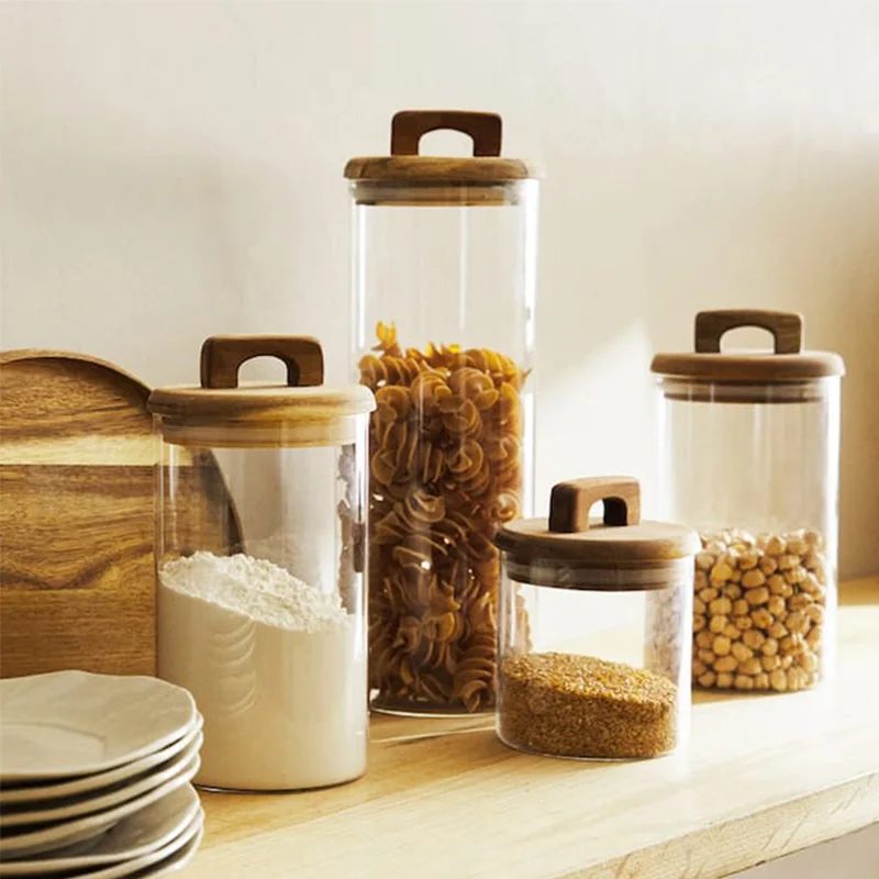 Glass Food storage tank 650/1100/1800ml With Wooden lid Kitchen Coffee beans Candy Tea Grains Canister Home Snacks storage jar glass storage tank glass storage jar glass storage container