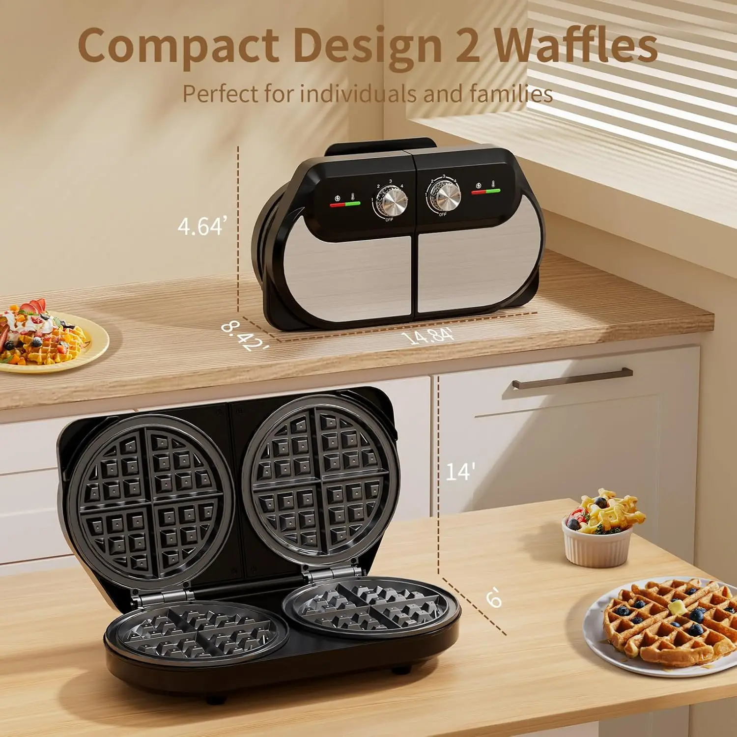 Waffle Maker 6 Inch, 1400W Belgian Waffle Maker for Breakfast and Snacks, Stainless Steel Waffle Iron with Nonstick Plate 6