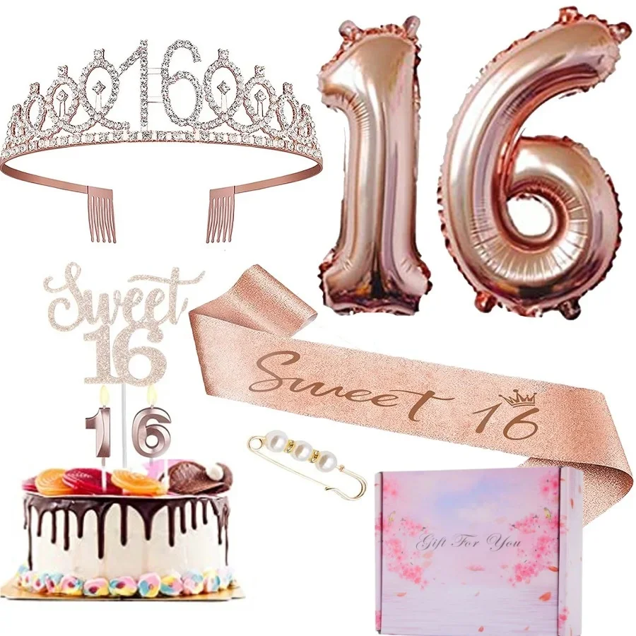 13th Birthday Decorations - Rose Gold Tiara Sash Set 8Pcs/Set 13 16 18 21 30 40 50 60 70 80 Birthday Party Crown Sash Cake Balloons Candles Decoration with Gift Box for Women 2