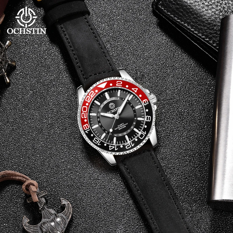 OCHSTIN Mens Watches Top Brand Luxury Leather Strap 43mm Rotatable Bezel Military Sports Quartz Male Wrist Clock 30m Waterproof