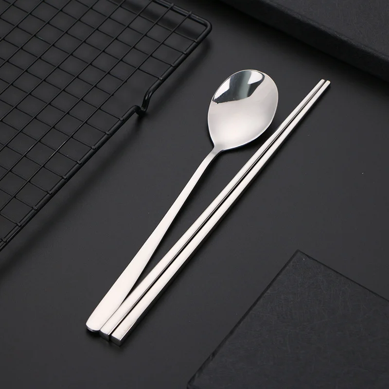 Korean stainless steel food chopsticks spoon set long handle non-slip dessert tableware stainless steel cutlery set