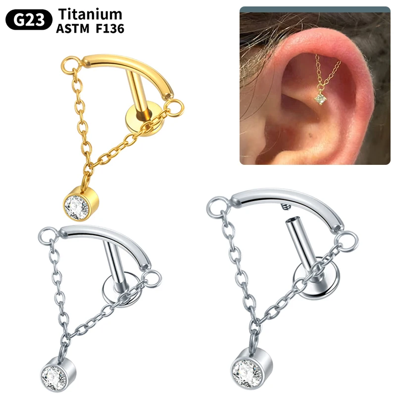 1PC ASTM F136 Implant Grade Titanium Hidden Helix Delicate Chain Drop CZ Labret Cartilage Earring Flat Back Stud Sexy Jewelry piercing jewelry body piercing jewelry body jewelry ear piercing jewelry body piercing earrings metal jewelry ear studs