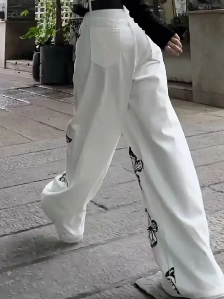 Jeans White Butterfly Print Pants Fashion Harajuku Denim Jeans Straight Ins Gothic 2024 Jeans Streetwear Mopping Pants